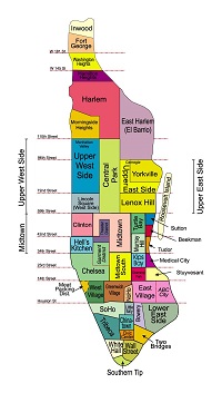Hvor skal man bo i New York - kort over kvarterer på Manhattan